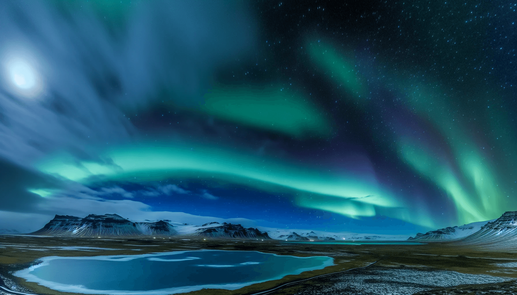 A panoramic view of the captivating Northern Lights dancing in the night sky