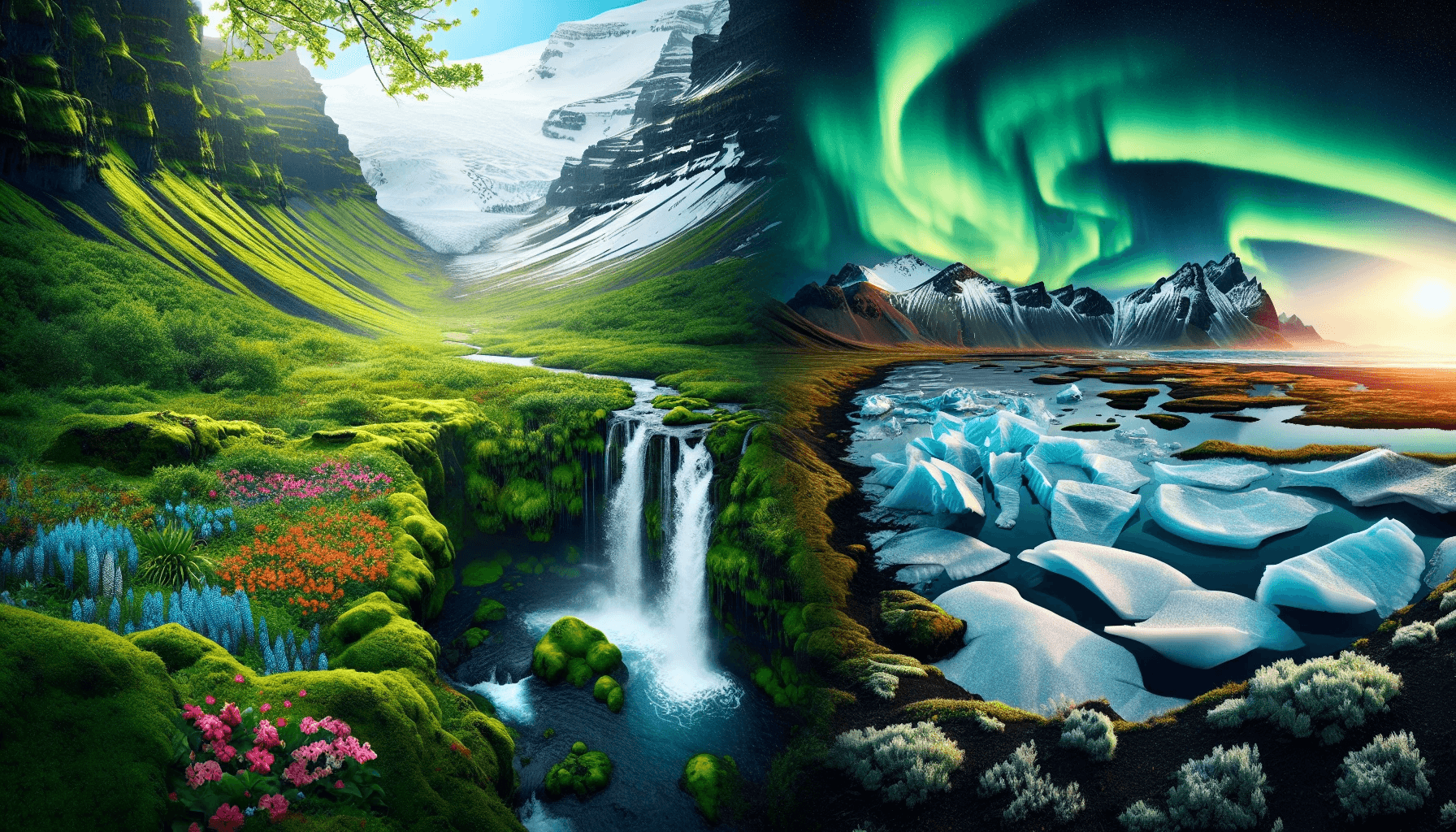 A composite image showcasing the contrast between Iceland's summer and winter landscapes