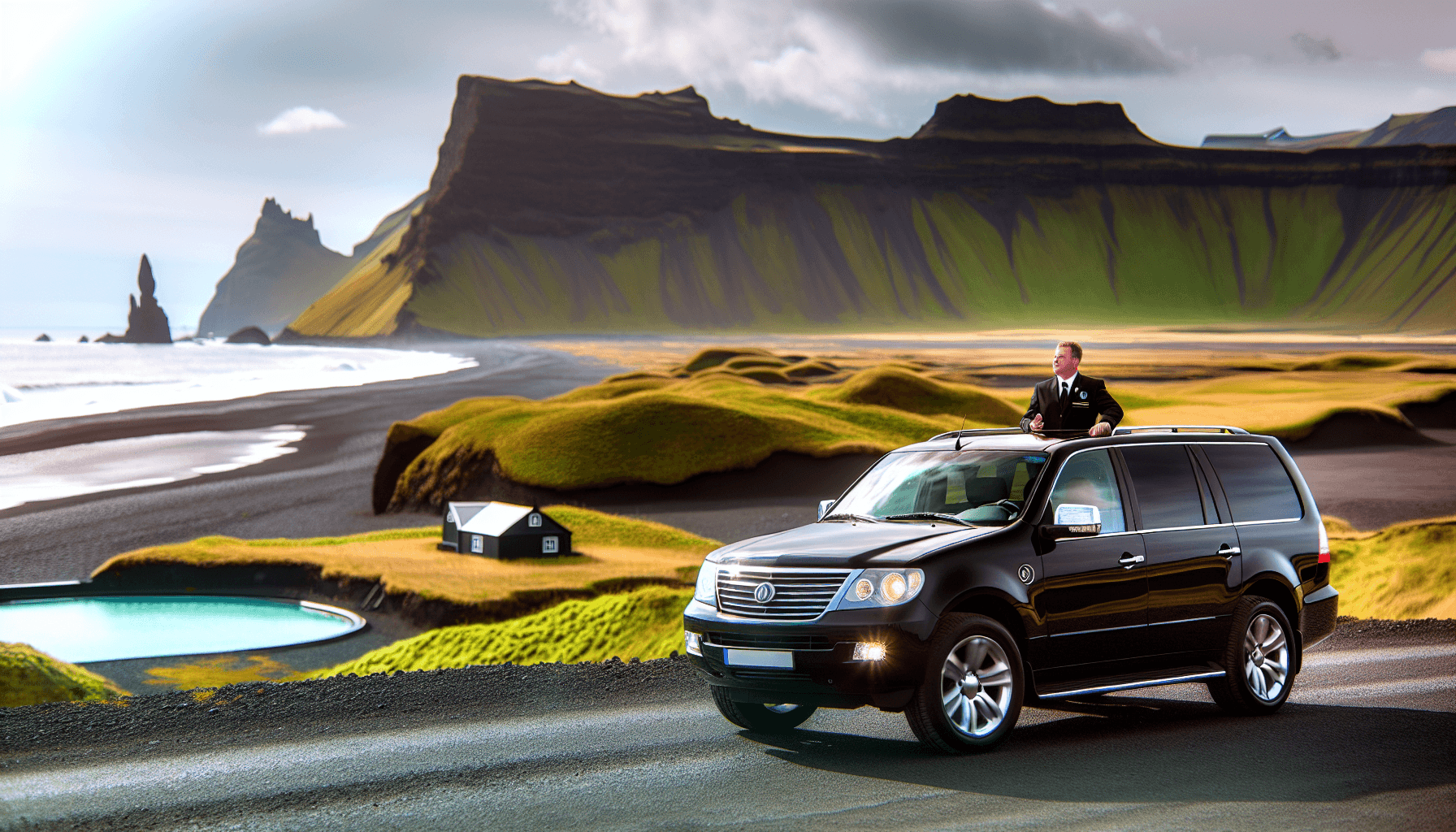 Luxurious private tour vehicle driving through scenic Icelandic landscapes