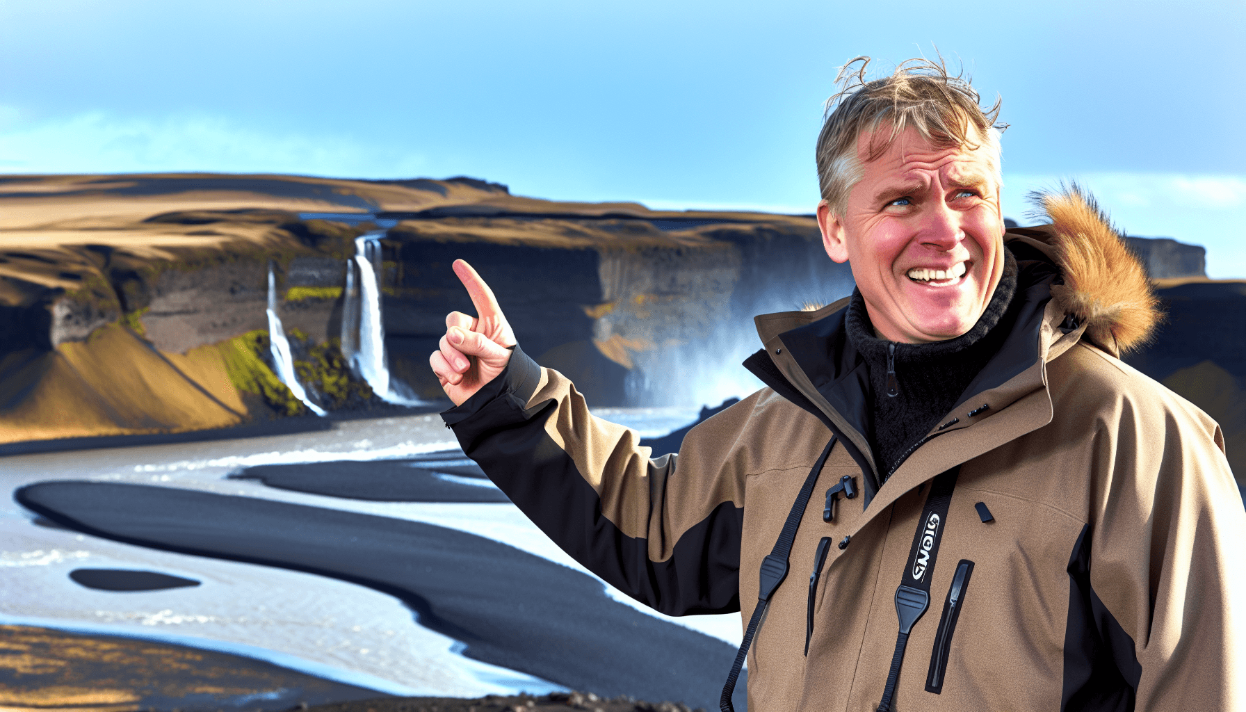 Private guide pointing towards the enchanting landscapes of Iceland's South Coast