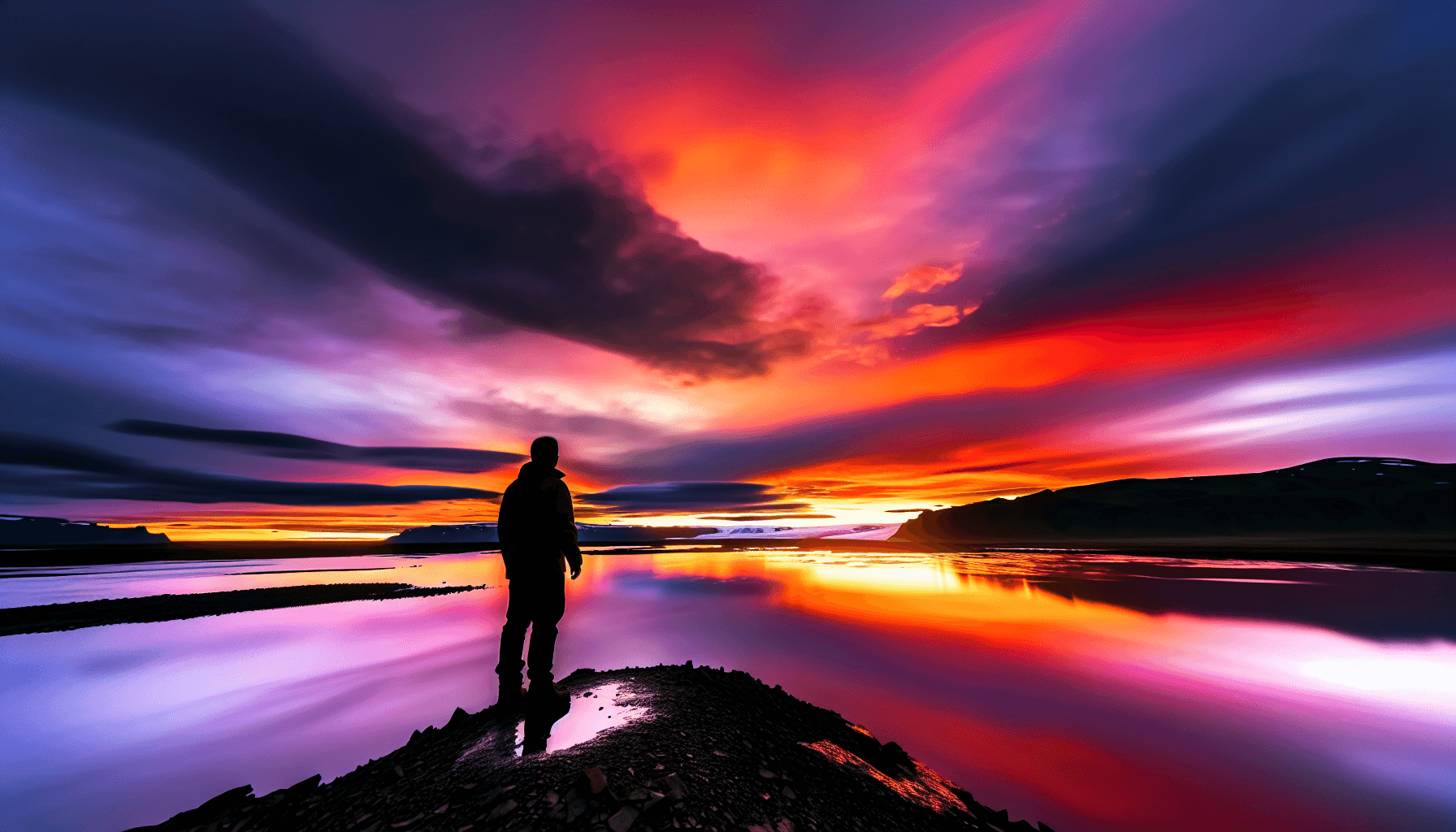 Silhouette of a person admiring the mesmerizing Midnight Sun in Iceland